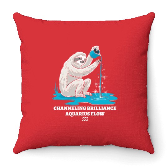 Channeling Brilliance Aquarius Zodiac Sloth Flow Throw Pillows