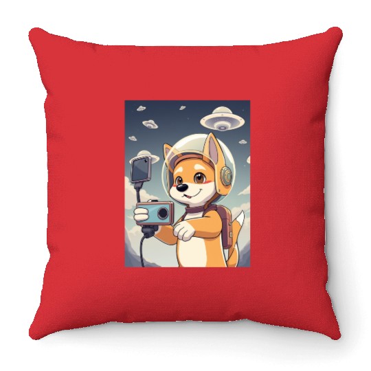 Funny Dog Rescue Anime Selfie with UFOs Weird Throw Pillows