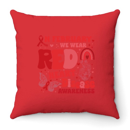 In February We Wear Red Rainbow CHD Awareness Throw Pillows