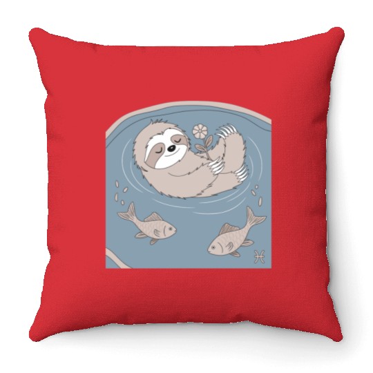Relaxing Pisces Zodiac Sloth Embracing Serenity Throw Pillows