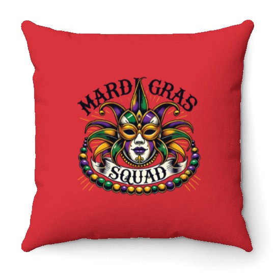 Mardi Gras Squad Mask Beads Festival Spirit Throw Pillows