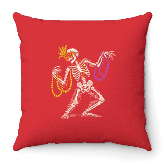 Mardi Gras Skeleton With Beads Dance Throw Pillows