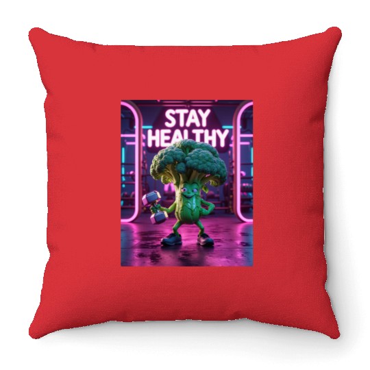Broccoli Gym Workout STAY HEALTHY Throw Pillows