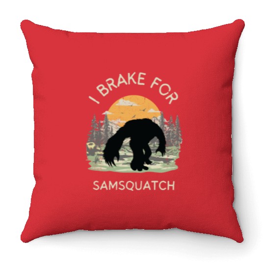 Funny Samsquatch Bigfoot Cryptid Camping Throw Pillows
