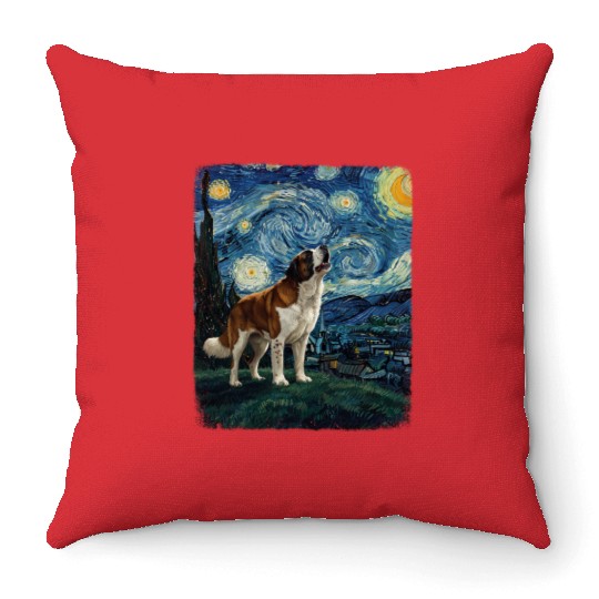 Saint Bernard Howling At Moon Starry Night Van Gog Throw Pillows