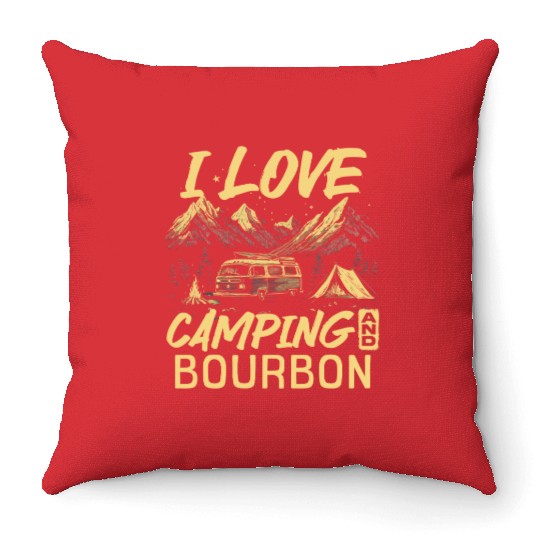 I Love Camping And Bourbon Throw Pillows