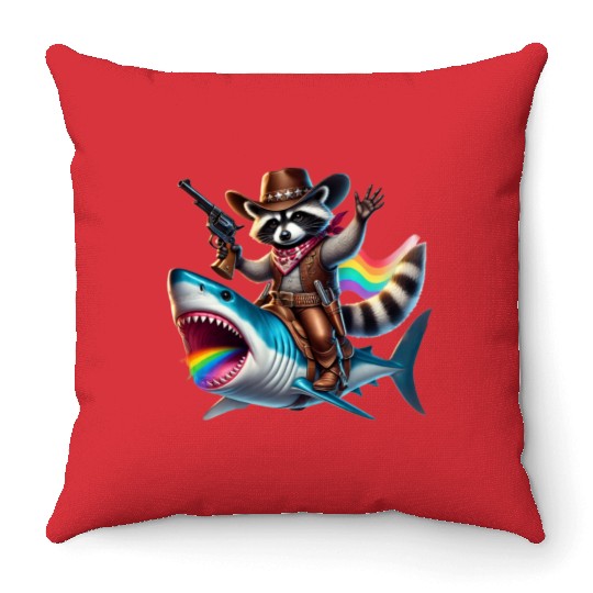 Funny Vintage Cowboy Raccoon Shark Rainbow Art Throw Pillows