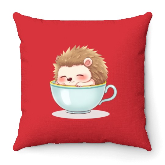 Cute hedgehog relaxing in a light blue cup Throw Pillows