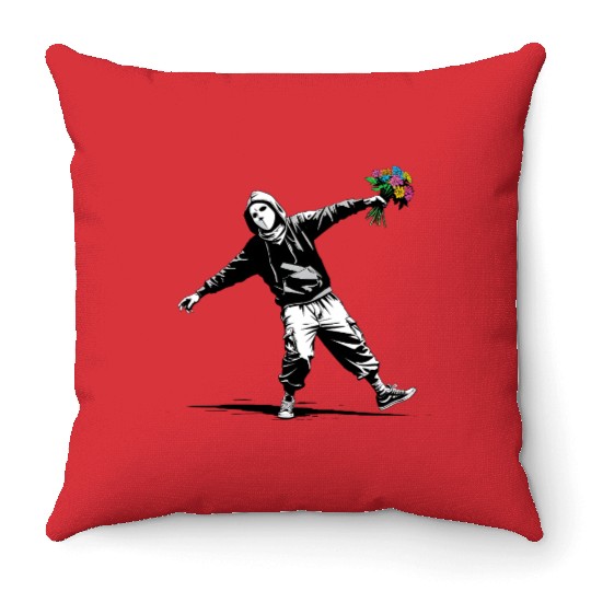 Banksy Protester Throwing Flowers Throw Pillows
