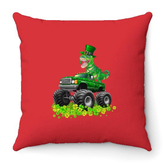 Monster Truck T-rex St Patricks Day Dinosaur Cute Throw Pillows