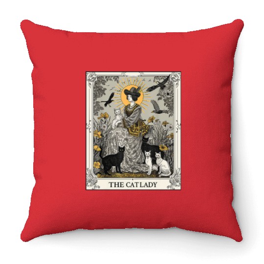 The Cat Lady Tarot Card Vintage Gothic Cat Mom Throw Pillows