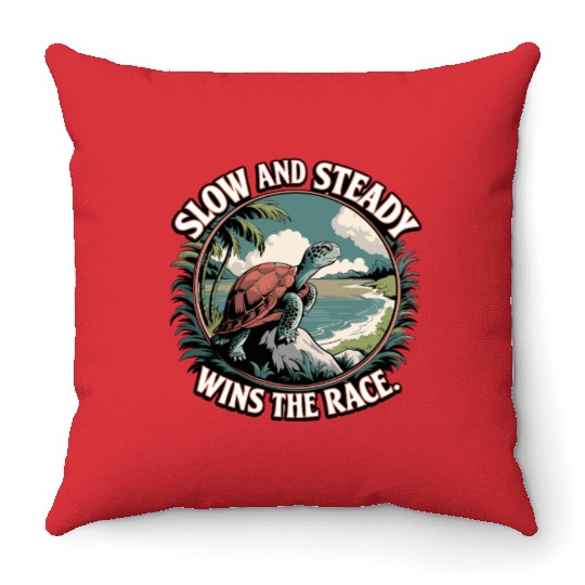 Slow And Steady Turtle Wins The Race Illustration Throw Pillows