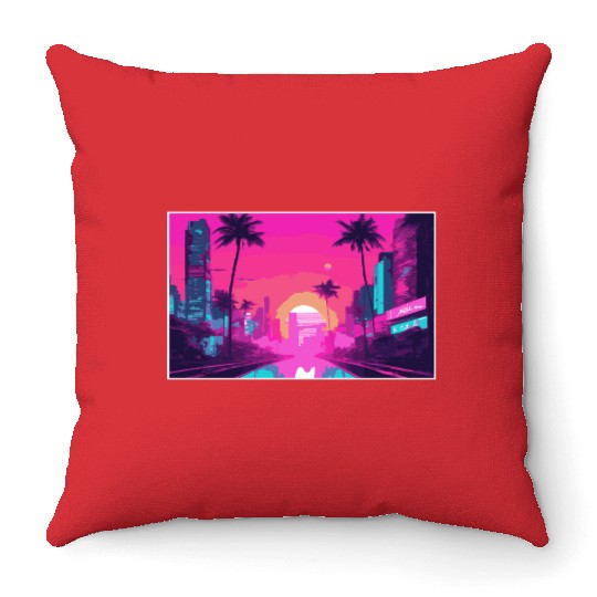 Neon Paradise Vaporwave Sunset Vibes Throw Pillows