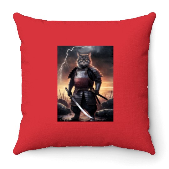 Japanese Cat Samurai Cat Throw Pillows