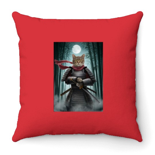 Japanese Cat Samurai Cat Throw Pillows