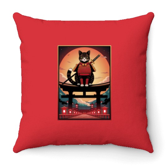 Japanese Cat Samurai Cat Throw Pillows