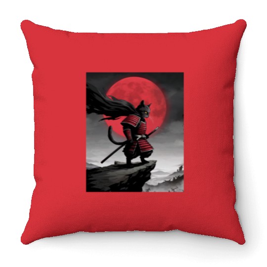 Japanese Cat Samurai Cat Throw Pillows