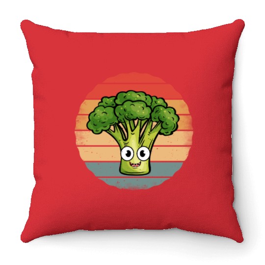 Cute Smiling Broccoli Retro Vintage Sunset Throw Pillows