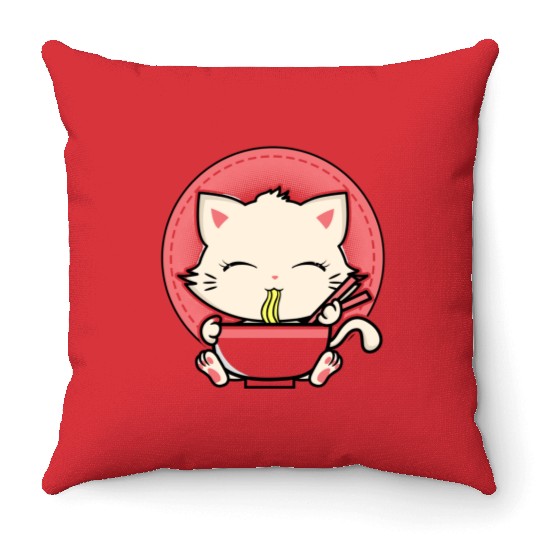 Cat Ramen Japanese Funny Graphic Tees Kawaii Throw Pillows