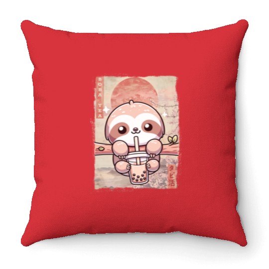 Cute Kawaii Sloth Drinks Boba Tea Japanese Throw Pillows