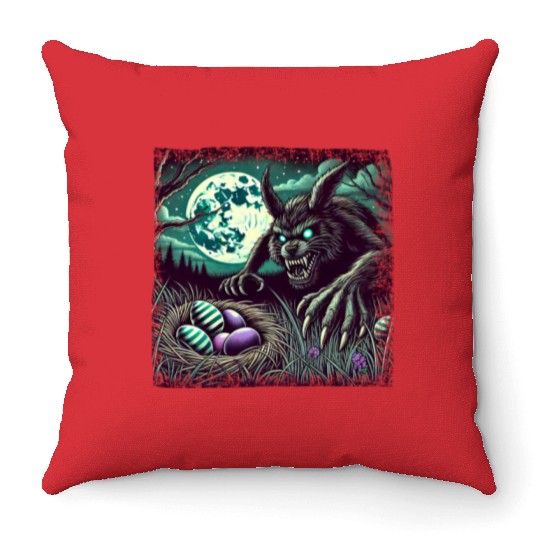 Creepy Werewolf Easter Bunny Nightmare Throw Pillows