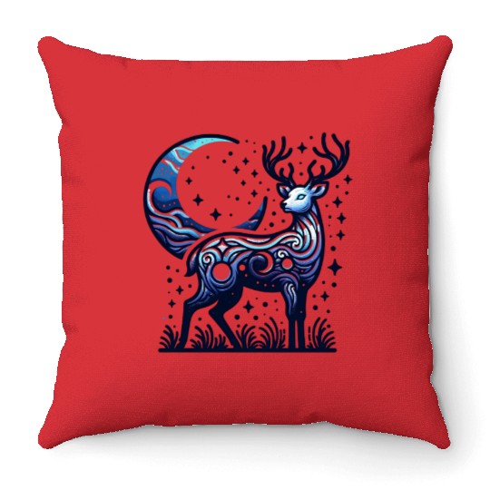 Celestial Deer Under Starry Night Moon Throw Pillows