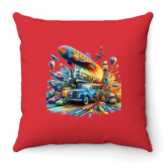 Multi-Colored Vehicles Throw Pillows