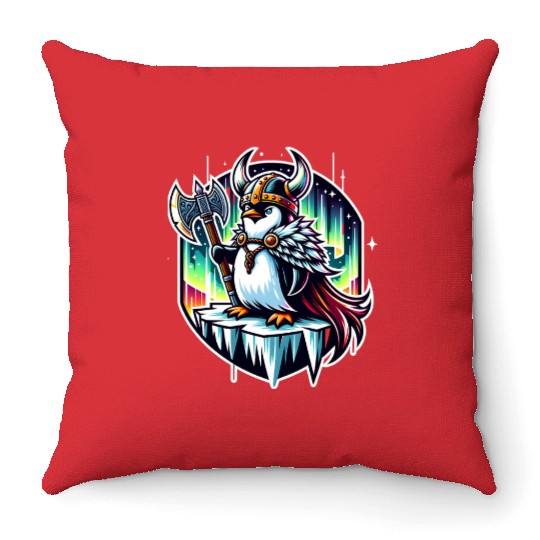 Viking Penguin Conquering Northern Lights Throw Pillows