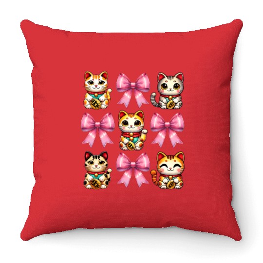 Coquette Bow Maneki Neko Japanese Cat Lucky Pink Throw Pillows