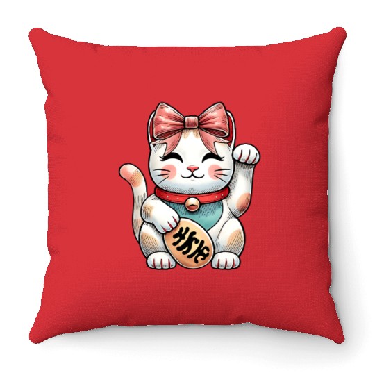 Coquette Bow Maneki Neko Japanese Cat Lucky Pink Throw Pillows