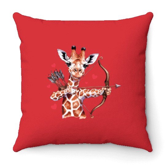 Charming Giraffe Archer with Hearts and Bow Throw Pillows