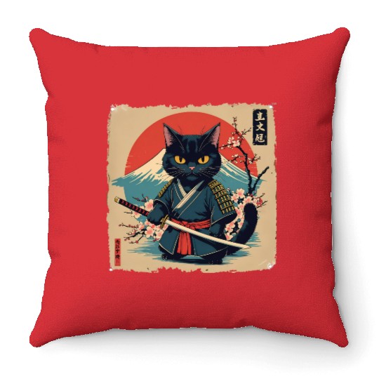 samurai cat Throw Pillows