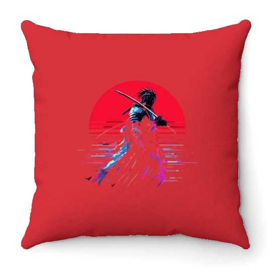Cyberpunk Samurai Warrior Under Neon Moon Throw Pillows