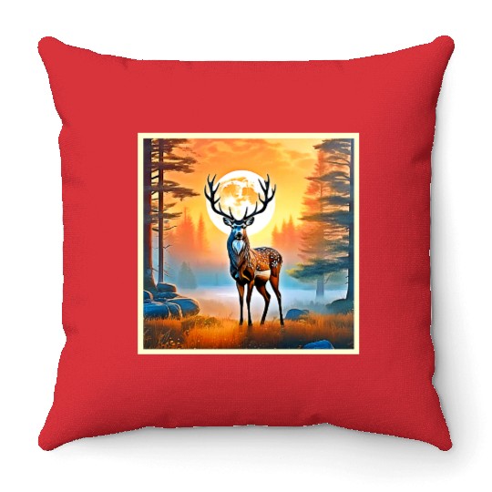 Golden Deer Twilight Peak Throw Pillows