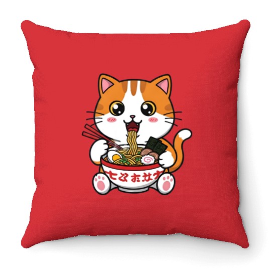 Kawaii Ramen Cat Throw Pillows