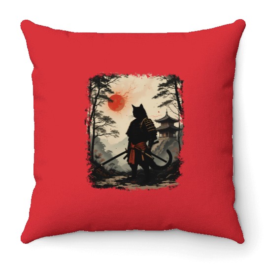 Samurai Cat Warrior Throw Pillows Design