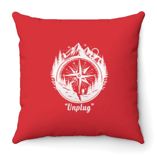 Compass Mountains Hiker, Unplug Nature Adventure Throw Pillows