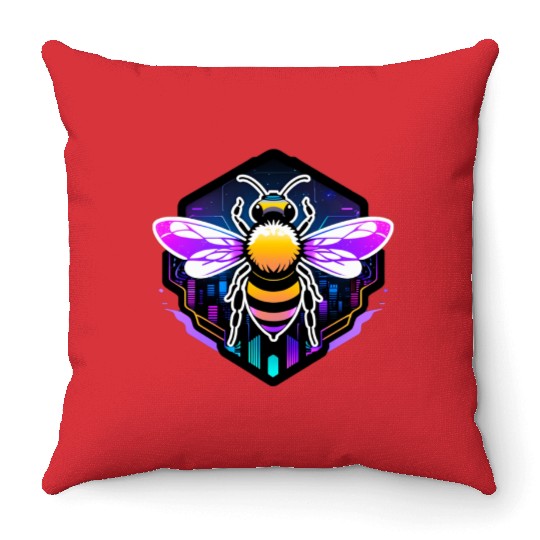 A bee cyberpunk-style with glowing neon stripes Throw Pillows