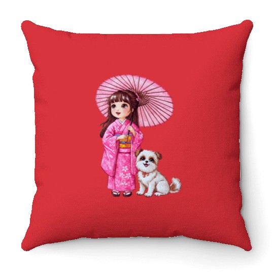 Kimono Girl & Her Loyal Pup Throw Pillows
