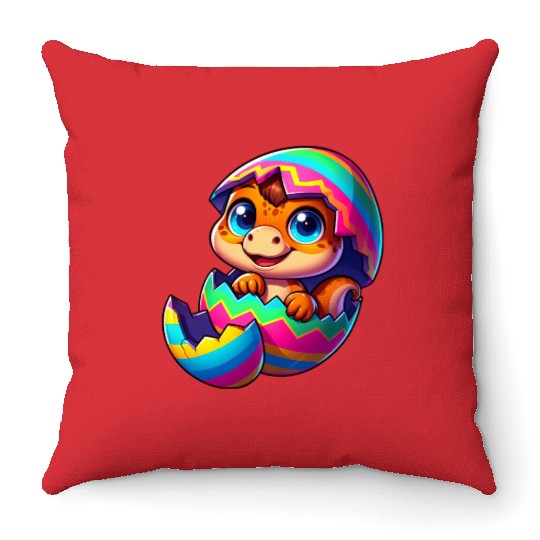 Cute Dino hatching from colorful Easter egg Throw Pillows