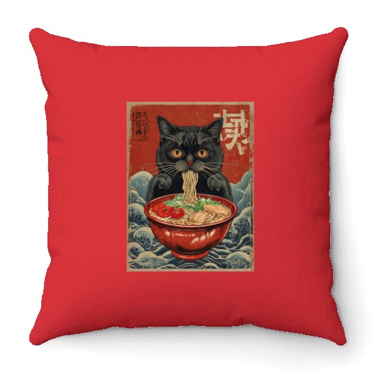 Kawaii cute Vintage Japanese Anime Manga Cat Ramen Throw Pillows