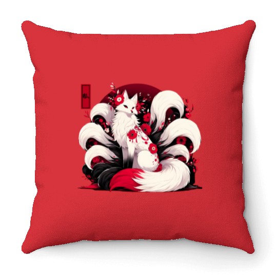 Kitsune Fox Red spider lily Flowers Japanese Nine Throw Pillows