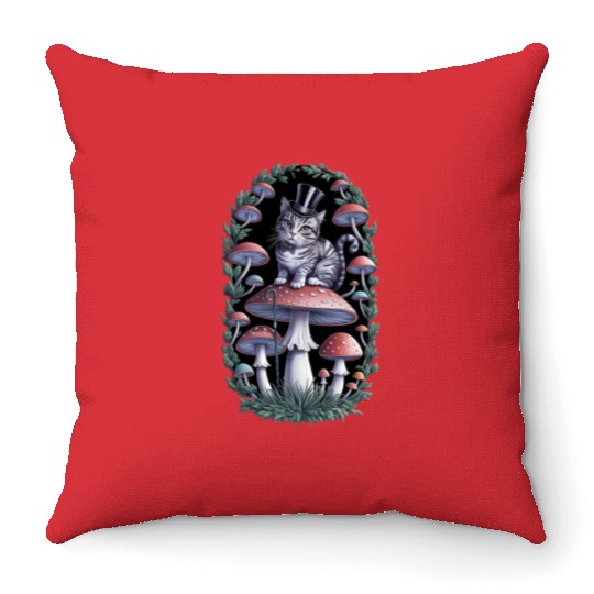 Gentleman cat hatter sitting on mushroom, black Throw Pillows