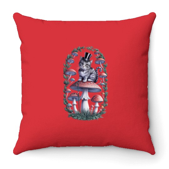 Gentleman cat hatter sitting on mushroom Throw Pillows
