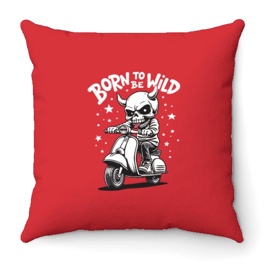 Born to Be Wild - Skull Devil on Scooter Throw Pillows