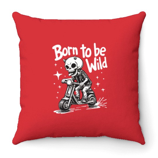 Born to Be Wild - Skull Devil on Scooter Throw Pillows