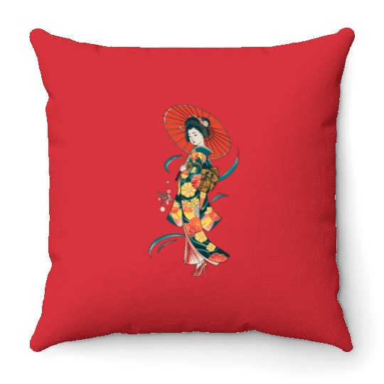 Elegant Geisha with Red Parasol and Floral Kimono Throw Pillows