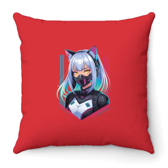 Cyberpunk Girl Cat Ears Throw Pillows