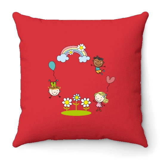 Children of the Earth with Rainbow Flowers Balloon Throw Pillows