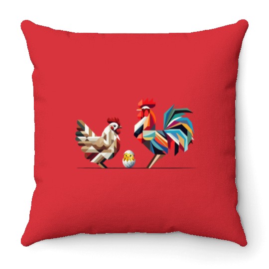 Rooster, Hen, and Chick – Geometric Easter Motif Throw Pillows